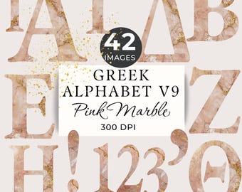 Greek Alphabet Clipart, Decorative Pink Marble Fonts, 42 Transparent Letters Numbers & Punctuation