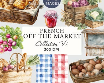 French Off The Market Clipart Bundle, Fresh Farmers Market Watercolor, 86 PNGs & JPGs