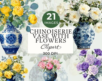 Jarrón de estilo chinoiserie con flores (clipart), paquete de 21 imágenes en acuarela para tarjetas y diarios (PNG), uso comercial.