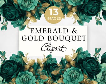 Emerald & Gold Floral Clipart PNG, Green Luxury Watercolor Bouquet, 13 Transparent PNGs