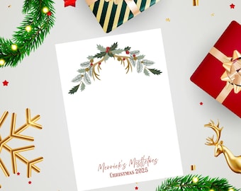 May include: A white card featuring a mistletoe design and the text "Merrick's Mistletoes Christmas 2025". The card is surrounded by festive decorations, including wrapped gifts, baubles, and a golden reindeer.