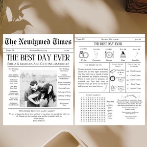 Può includere: Un modello di giornale di annuncio di matrimonio con una foto in bianco e nero della coppia. Il titolo principale è "The Best Day Ever" con i nomi della coppia, Erica e Marcus. Il giornale include i dettagli sulla cerimonia e sul ricevimento di nozze, inclusi l'ora e il luogo di ogni evento. Il giornale include anche un cruciverba e una cronologia della relazione della coppia.