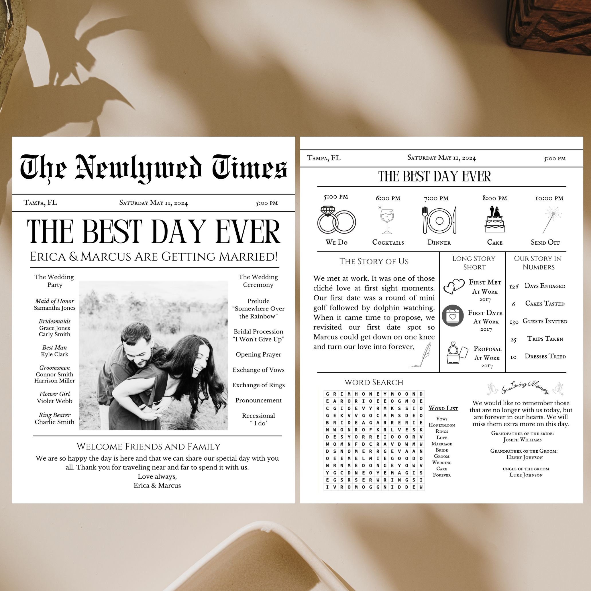 Programa de bodas en periódicos, Programa de bodas vintage, Carta de bienvenida de bodas en periódicos, The Newlywed Times, Descarga instantánea