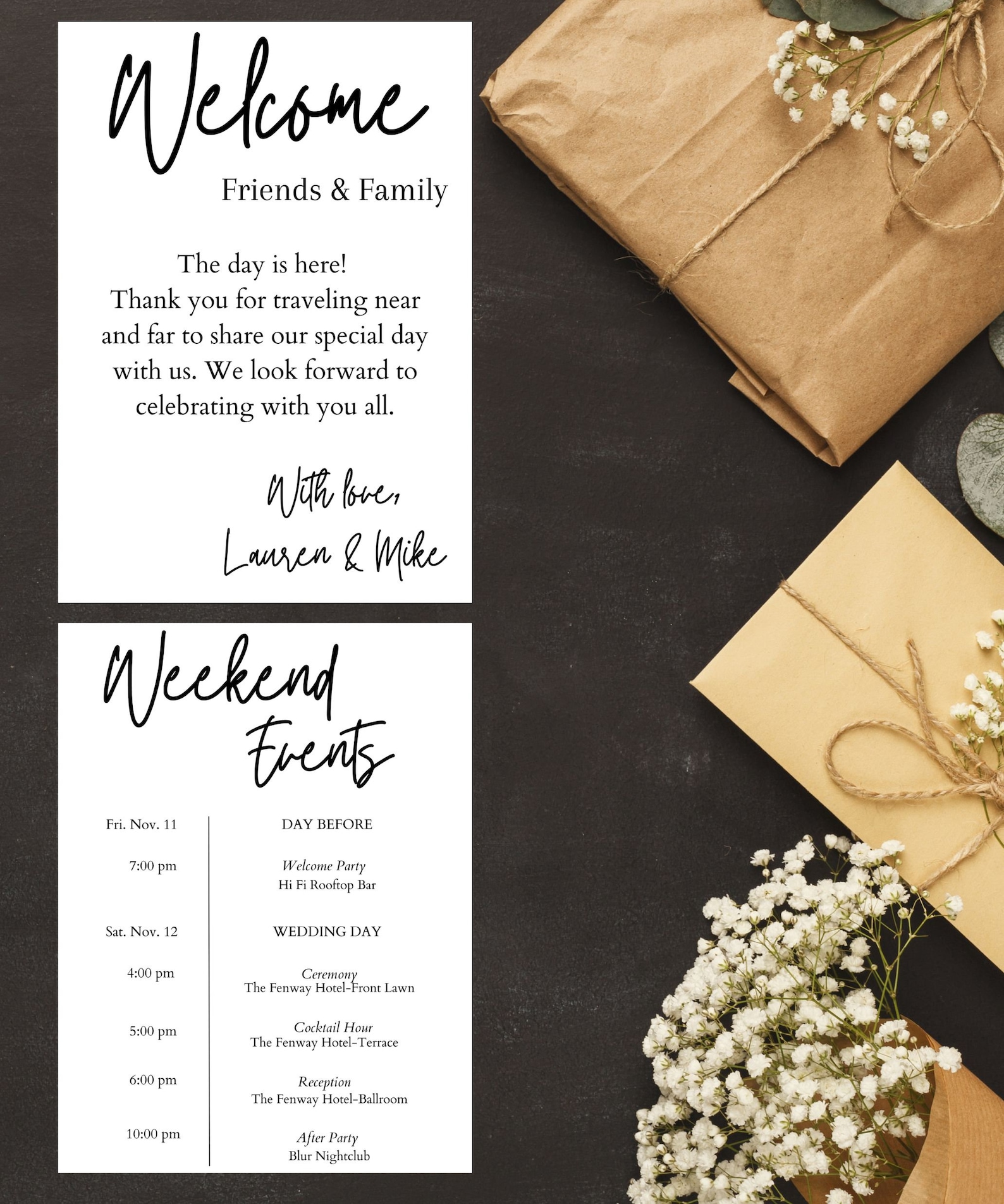 Minimalist Wedding Welcome Bag Letter and Timeline, Wedding Welcome ...