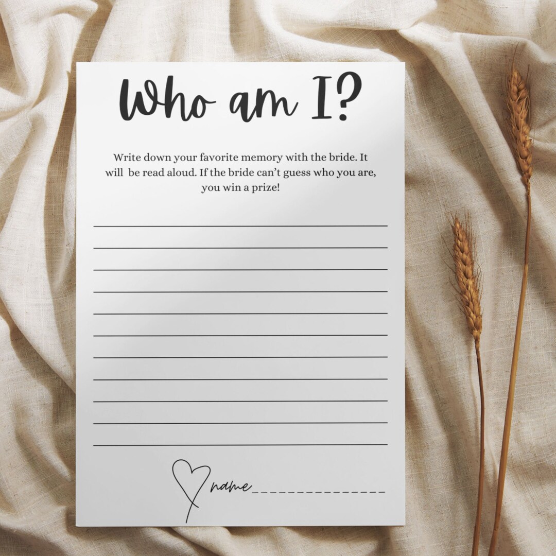Who Am I Bridal Shower Game, Bridal Shower Games, Guess the Guest Game