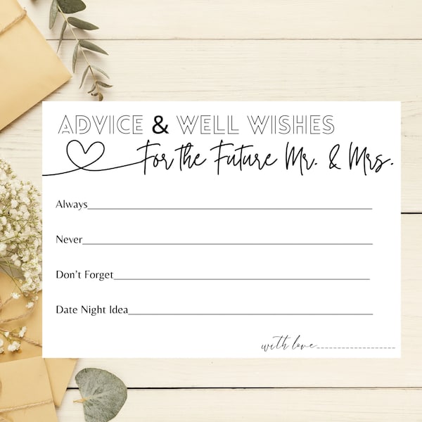 Advice & Well Wishes For The Future Mr. and Mrs. Cards, 7x5, Bridal Shower, Instant Download