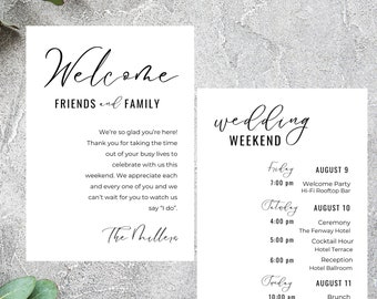 Carta e itinerario de la bolsa de bienvenida de la boda del guión elegante, carta de la bolsa de bienvenida de la boda, carta de bienvenida, eventos de fin de semana, descarga instantánea