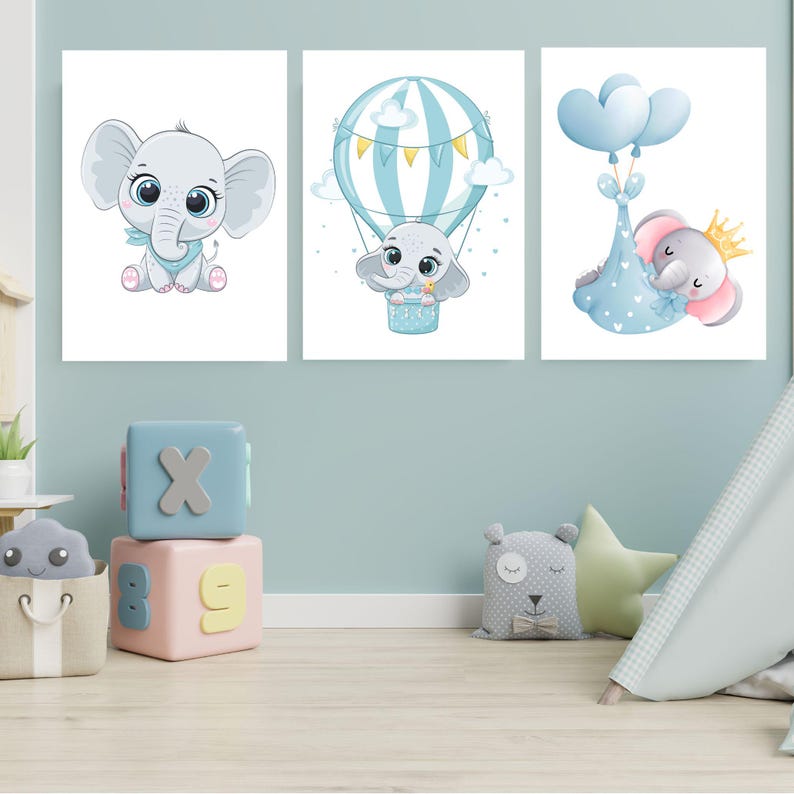 Elephant Nursery Prints, Set of 3: Baby Boy Wall Art (instant Download ...