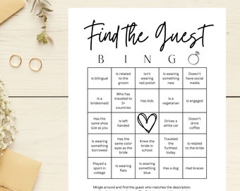 Minimalist Bridal Shower Find the Guest Bingo Game, Bridal Shower Game, Find the Guest Bingo, Editable Template, Instant Download