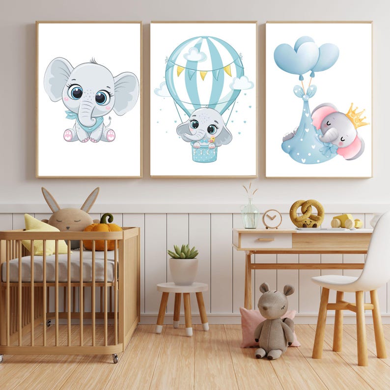 Elephant Nursery Prints, Set of 3: Baby Boy Wall Art (instant Download ...