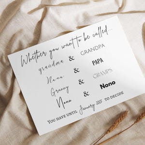 May include: A white card with black text asking "Whether you want to be called..." with a list of names for grandparents, including Grandma, Grandpa, Nana, Papa, Granny, Gramps, Nona, and Nono. The card also includes the text "You have until January 2025 to decide."