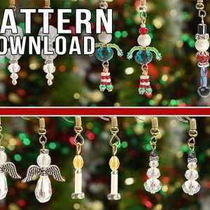 May include: A collection of 10 pairs of Christmas-themed beaded earrings. The earrings feature various designs, including a snowman, a candle, an angel, and a Santa Claus. The earrings are all made with clear, white, red, and green beads.