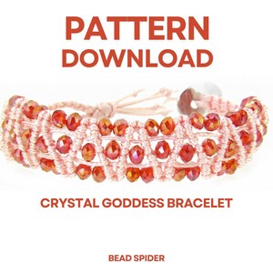 May include: A macrame bracelet with red crystal beads, woven into a light pink pattern. The bracelet has an adjustable sliding knot. The image includes the text "PATTERN DOWNLOAD" and "CRYSTAL GODDESS BRACELET".