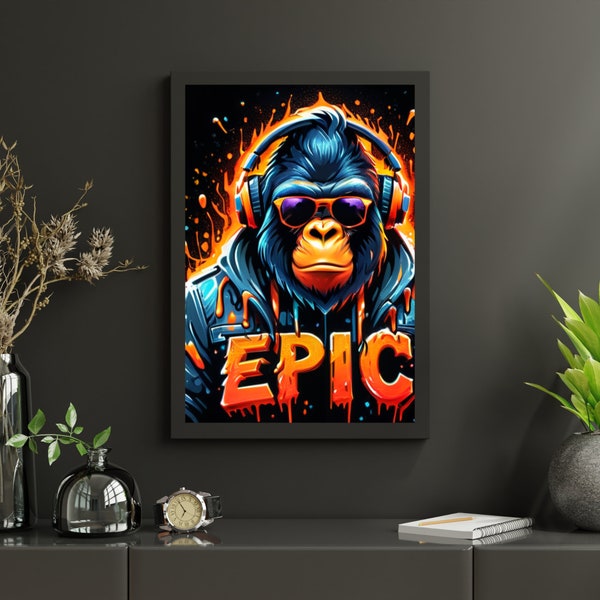 Set of 2- Gamer Chimp Digital Wall Art, digital gaming print, gamer prints, gamer decor, boys room prints decor, poster wall art, EPIC WIN