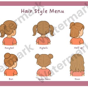 Op de afbeelding: Een roze omlijste illustratie getiteld "Hair Style Menu" toont zes cartoonkapsels: paardenstaart, vlechtjes, half opgestoken, knot, space buns en los. Elke stijl wordt getoond op een persoon die een oranje shirt draagt.