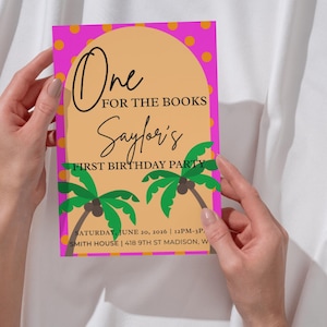 Convite de Aniversário "Um para os Livros", Festa com Palmeiras de Conto de Fadas (Modelo Editável do Canva)