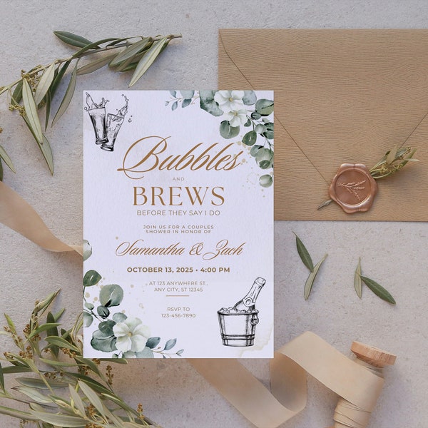 Couple Shower Invitations | Editable Couples Wedding Shower Invitation | Bubbles & Brews Before They Say I Do