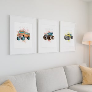 Set Of 5 Art Print Monster Trucks | Poster Kids Room | Nursery Decor | Monster Truck Wall Art | Boys Room Car Wall Art | Digital Downloads