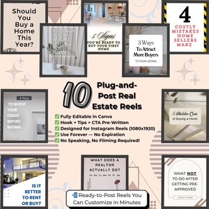 Puede incluir: Un collage de 10 plantillas de carretes de Instagram para agentes inmobiliarios. Las plantillas son totalmente editables en Canva e incluyen consejos, texto preescrito y están diseñadas para carretes de Instagram. El texto en la imagen dice: "10 Plug-and-Post Real Estate Reels. Totalmente editable en Canva. Hook + Tips + CTA Pre-Written. Diseñado para carretes de Instagram (1080x1920). Usar para siempre - Sin caducidad. ¡No se necesita hablar, ni filmar!"