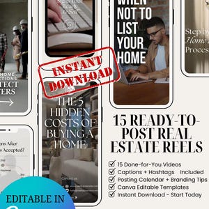 15 Ready-to-Post Real Estate Reels | Canva Editable Templates + Captions