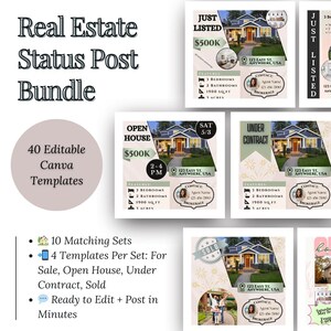 May include: A set of 40 editable Canva templates for real estate social media posts. The templates are designed for different stages of the home buying process, including "Just Listed", "Open House", "Under Contract", and "Sold". Each template features a house image, text, and a contact section.