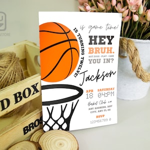 bewerkbare basketbaluitnodiging, basketbalverjaardagsuitnodiging, basketbalverjaardagsuitnodiging, digitale downloaduitnodiging basketbal