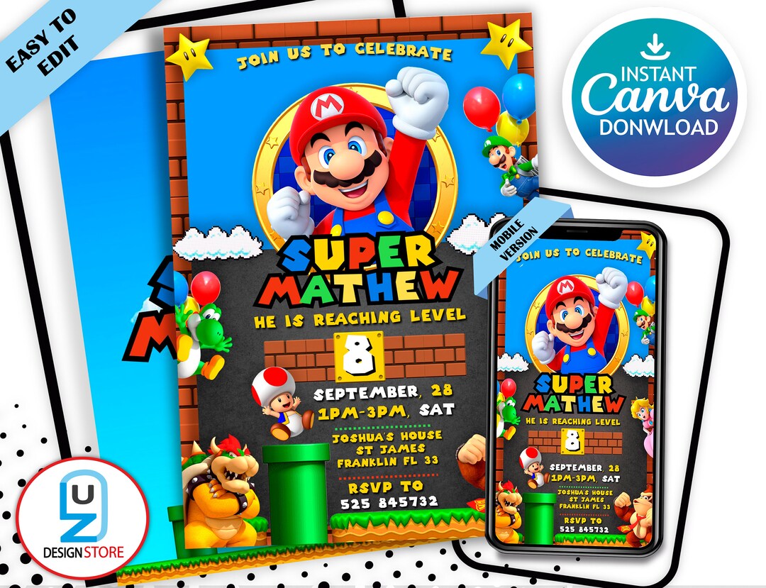 Super Mario Birthday Invitation Birthday Invitation Super Mario