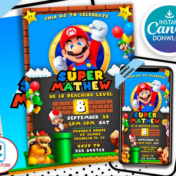 Invito di compleanno di Super Mario/Invito di compleanno/Invito di Super Mario/Modello di compleanno di invito di Mario stampabile modificabile