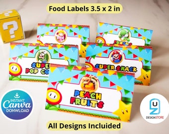 Food Labels Mario | Instant Digital Download | different characters | Printable Birthday Food Tents | Birthday Supplies | Canva Digital File