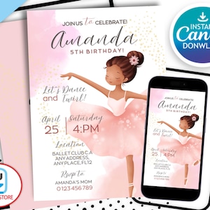 Invitación editable para fiesta de cumpleaños de bailarina, invitación de cumpleaños para niña bailarina de ballet moderna, plantilla digital de vestido de bailarina con tutú, H824