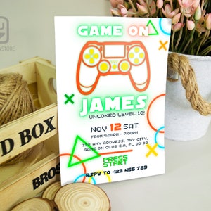 Videospiel-Geburtstagseinladungsvorlage, Videospieleinladung, Neonlicht, grünblaues Leuchten, Kind einladen, Jungen-Spielparty, bearbeitbare Canva