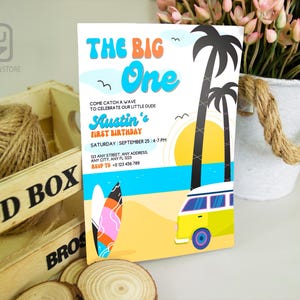 Invitación editable para el primer cumpleaños de The Big One Surf, fiesta en la playa con tabla de surf retro, invitación bohemia de surfista de olas, etiqueta de agradecimiento de Big One Surf