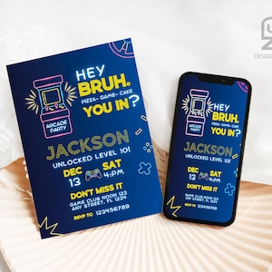 Modelo de convite de aniversário de fliperama, convite de fliperama, convite com brilho neon, festa de fliperama, festa de gamer para meninos, festa de videogame, Canva editável
