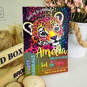 Invitación de cumpleaños con temática de animales salvajes / invitación a fiesta temática de animales del zoológico de leopardo arcoíris / invitación editable para fiesta de safari para niñas