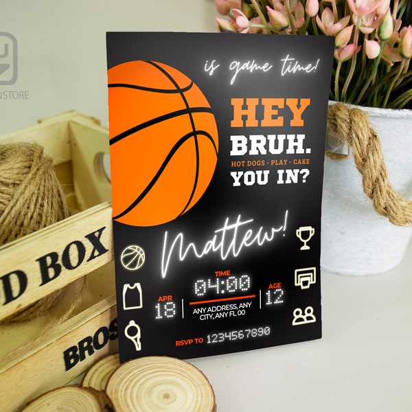 bearbeitbare Basketball-Einladung, Basketball-Geburtstags-Einladung, Basketball-Geburtstags-Einladung, Basketball-Einladung zum digitalen Download