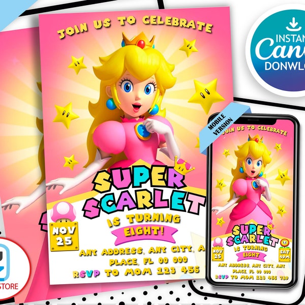 Princess Peach Birthday Invitation, Mario Birthday Invite, Princess Peach Girl Birthday Invitation, Pink Invitation