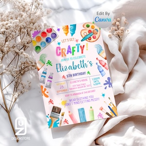 May include: A pink invitation with watercolor art supplies for Elizabeth's 5th birthday. The invitation includes paint tubes, paintbrushes, and the text "Let's Get Crafty!" and "Wear clothing you don't mind getting messy!"