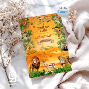 May include: A colorful invitation for a 5th birthday party with a jungle theme. The invitation features illustrations of various animals, including a lion, giraffe, and leopard, with the text "Slither, Hop, & Crawl" and event details.