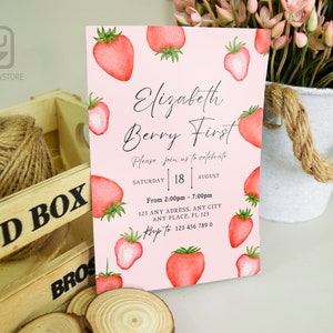 Strawberry First Birthday Invitation: Editable Template (Digital Download)