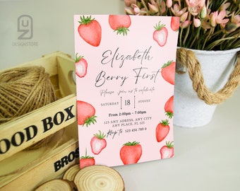 Berry First Birthday Invitation Modern Strawberry Invitation Strawberry Birthday Editable Digital Template INSTANT DOWNLOAD