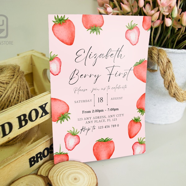 Strawberry First Birthday Invitation: Editable Template (Digital Download)