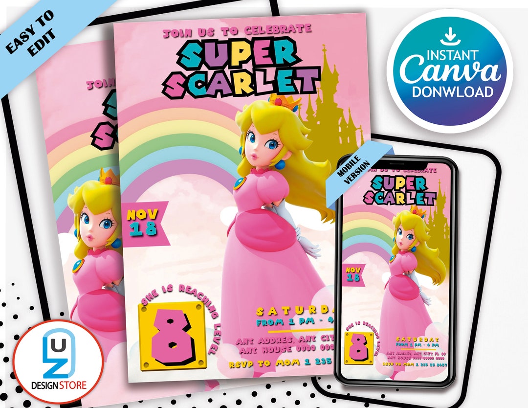 Princess Peach Birthday Invitation Editable Mario Princess - Etsy