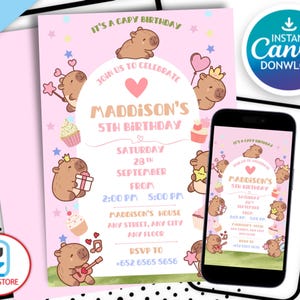 Capybara Geburtstagseinladung, niedlicher rosa Capy Geburtstag, digitaler Download, Tiere Kindergeburtstag Mädchen Geburtstagsthema, Canva bearbeitbare Vorlage