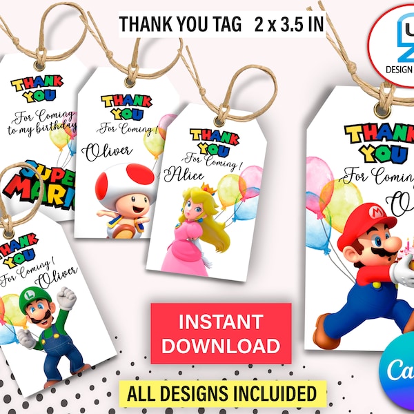 Mario Favor Tags, Super Mario Thank You Tags, Mario Brothers Birthday Party, Personalized, Super Mario, Nintendo, Printable, Digital File