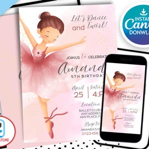 Editable Ballerina Birthday Party Invitation, DIY Modern Ballet Dancer Girl Birthday Invite, Tutu Ballerina Dress Digital Template, H824