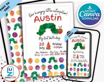 Very Hungry Caterpillar First Birthday Invitation Birthday Party Invite Printable Editable Decoration Template Digital Printed Decor