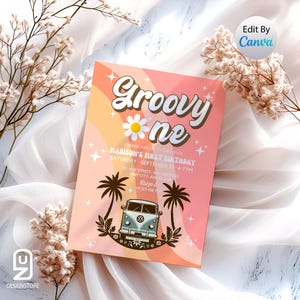 Convite de aniversário Groovy One EDITÁVEL, convite para o primeiro aniversário de uma menina, convite de aniversário retrô, primeiro aniversário de uma menina, download instantâneo EVite