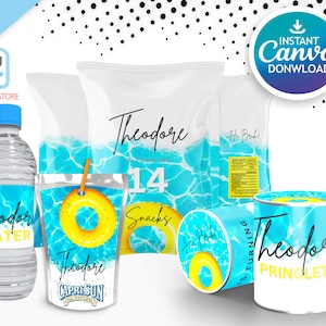 Bearbeitbares Pool-Geburtstags-Bundle für Kinder | Pool-Geburtstags-Party Bundle-Kit, druckbare Vorlage, Kinder-Geburtstags-Chip-Tasche, Kinder-Schwimmen-Party