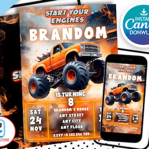 Invito di compleanno Monster Truck, età del camion modificabile, modello digitale, download immediato, invito stampabile per festa a tema Monster Truck Flame