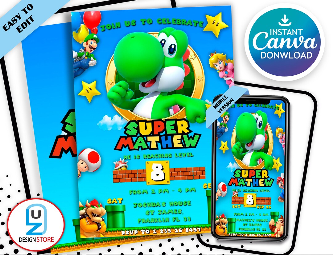 Yoshi Birthday Invitation Printable Invitation Instant Download Yoshi ...
